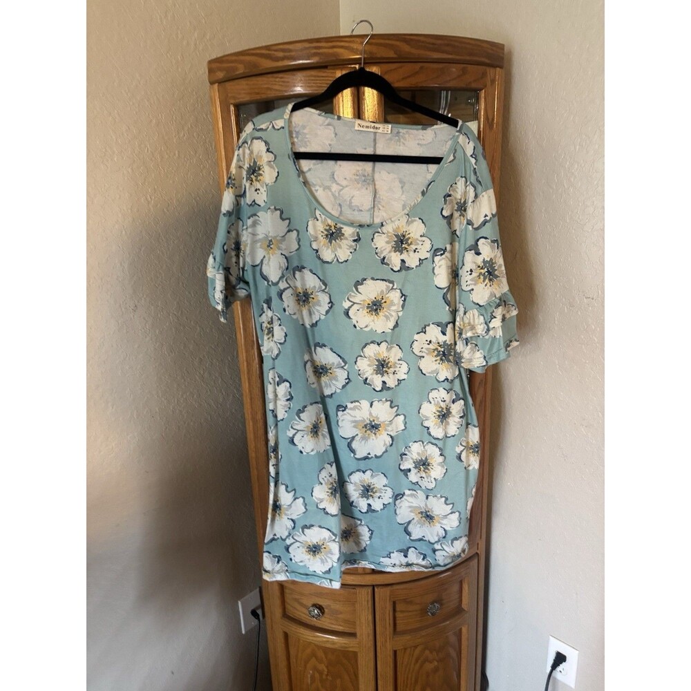 Nemidor Womens Plus Size 24 Mint Green Floral Tunic Top Ruffle Sleeve Boho